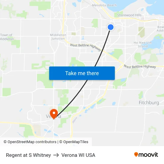 Regent at S Whitney to Verona WI USA map