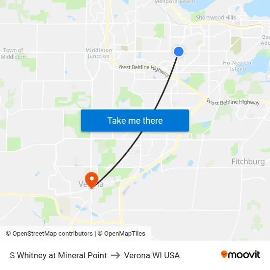 S Whitney at Mineral Point to Verona WI USA map