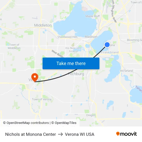 Nichols at Monona Center to Verona WI USA map