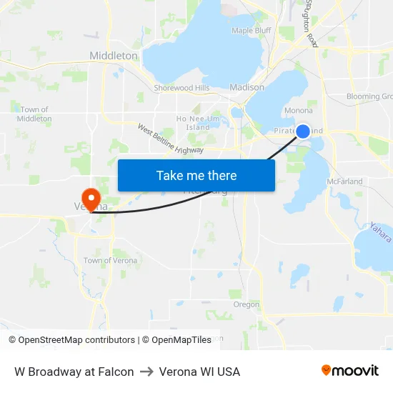 W Broadway at Falcon to Verona WI USA map