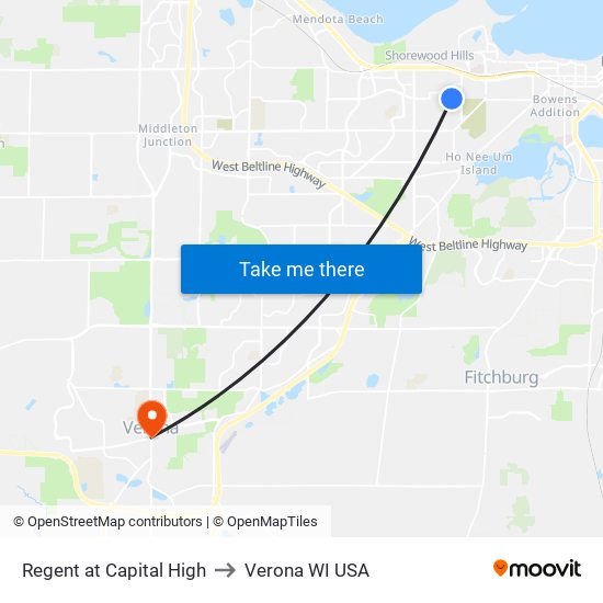 Regent at Capital High to Verona WI USA map