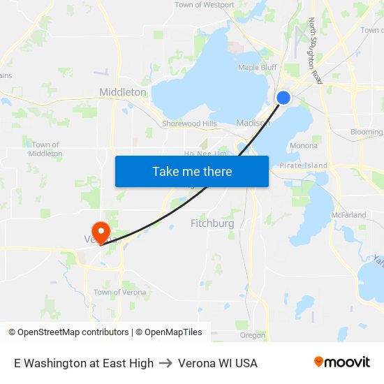 E Washington at East High to Verona WI USA map
