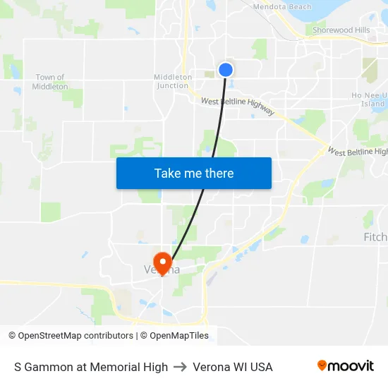 S Gammon at Memorial High to Verona WI USA map