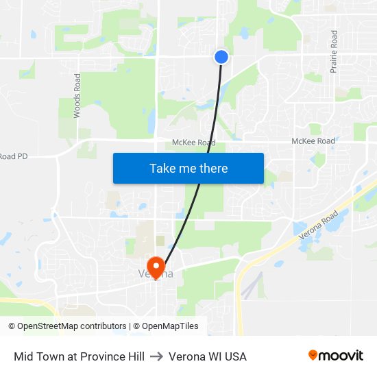 Mid Town at Province Hill to Verona WI USA map