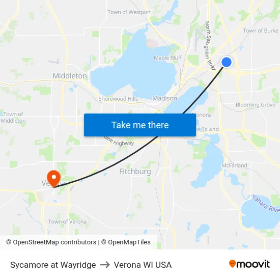 Sycamore at Wayridge to Verona WI USA map