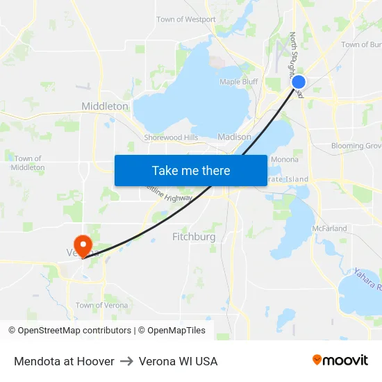 Mendota at Hoover to Verona WI USA map