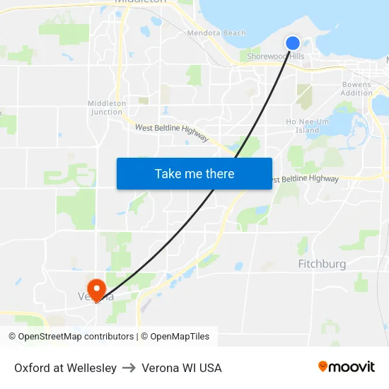 Oxford at Wellesley to Verona WI USA map