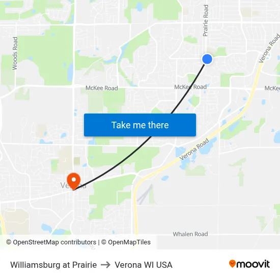Williamsburg at Prairie to Verona WI USA map