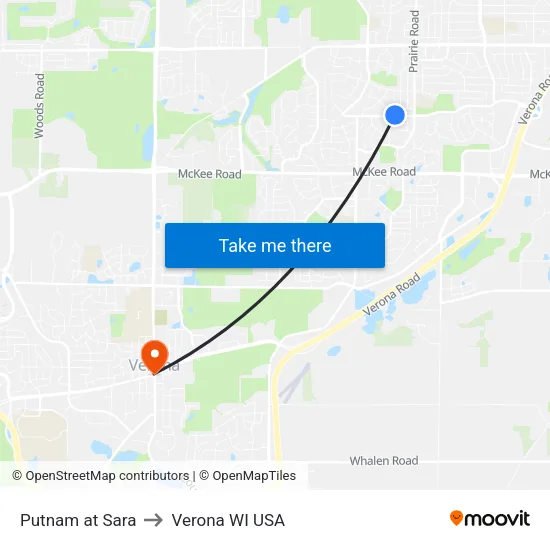 Putnam at Sara to Verona WI USA map