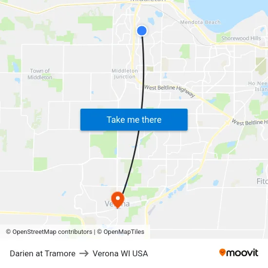 Darien at Tramore to Verona WI USA map