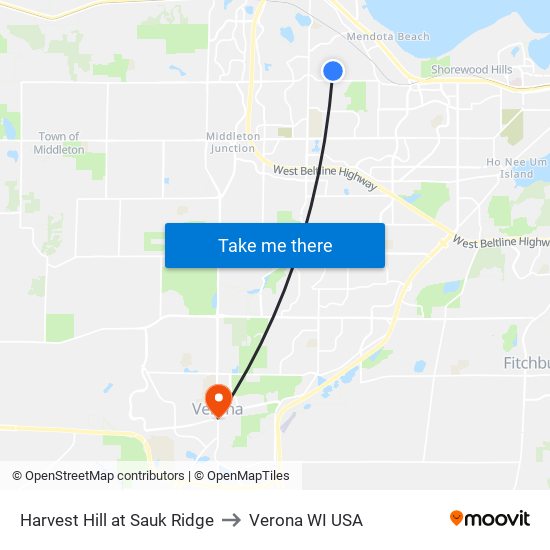 Harvest Hill at Sauk Ridge to Verona WI USA map