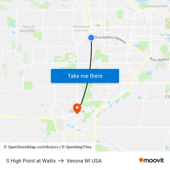 S High Point at Watts to Verona WI USA map