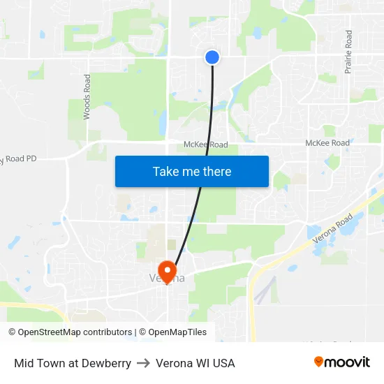 Mid Town at Dewberry to Verona WI USA map
