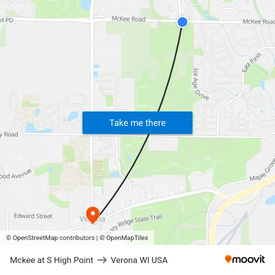 Mckee at S High Point to Verona WI USA map