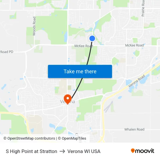 S High Point at Stratton to Verona WI USA map