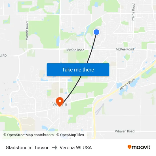 Gladstone at Tucson to Verona WI USA map
