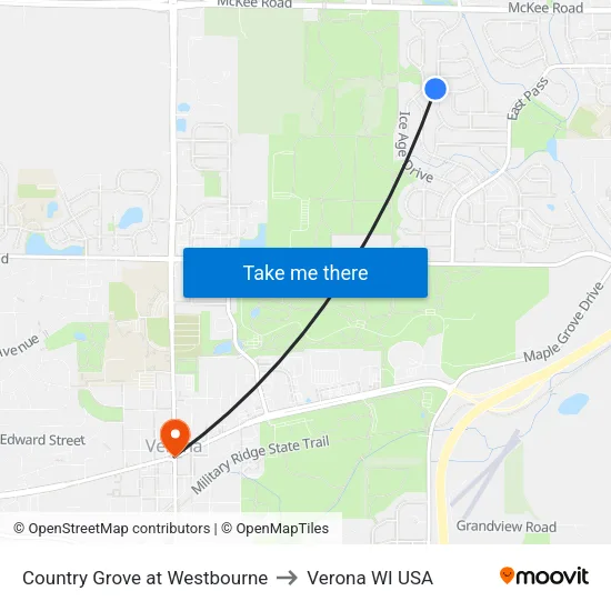 Country Grove at Westbourne to Verona WI USA map