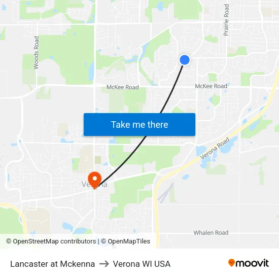 Lancaster at Mckenna to Verona WI USA map