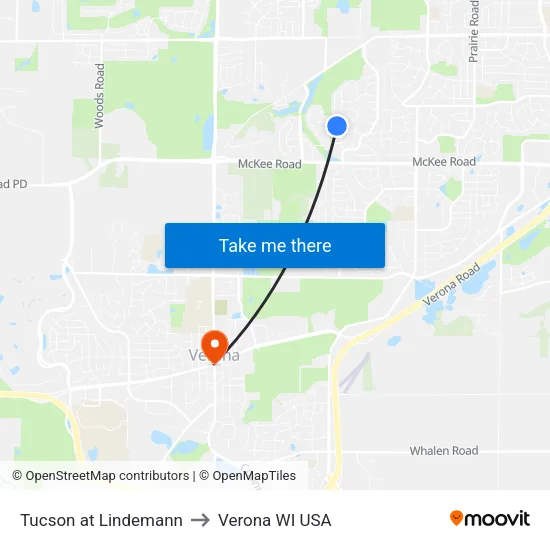 Tucson at Lindemann to Verona WI USA map