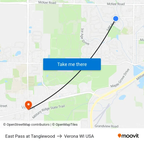 East Pass at Tanglewood to Verona WI USA map