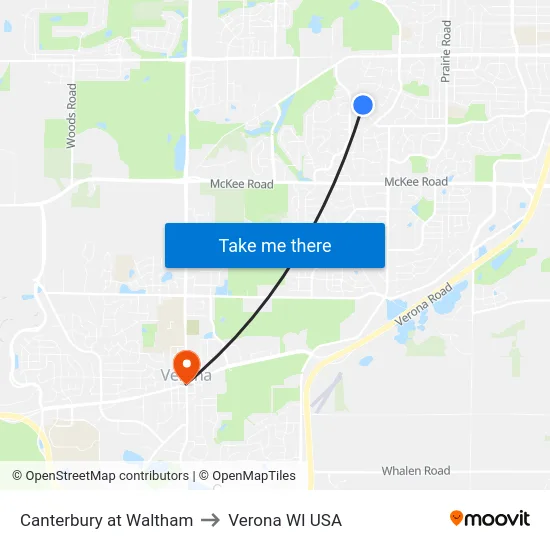 Canterbury at Waltham to Verona WI USA map