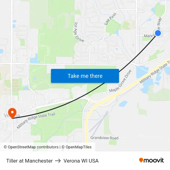 Tiller at Manchester to Verona WI USA map