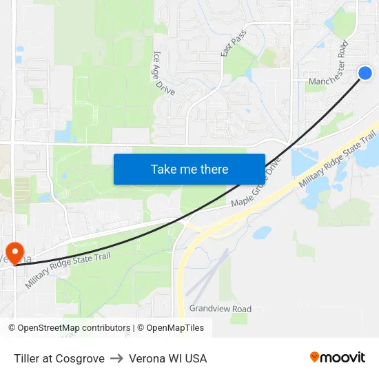 Tiller at Cosgrove to Verona WI USA map