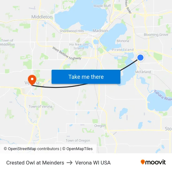 Crested Owl at Meinders to Verona WI USA map