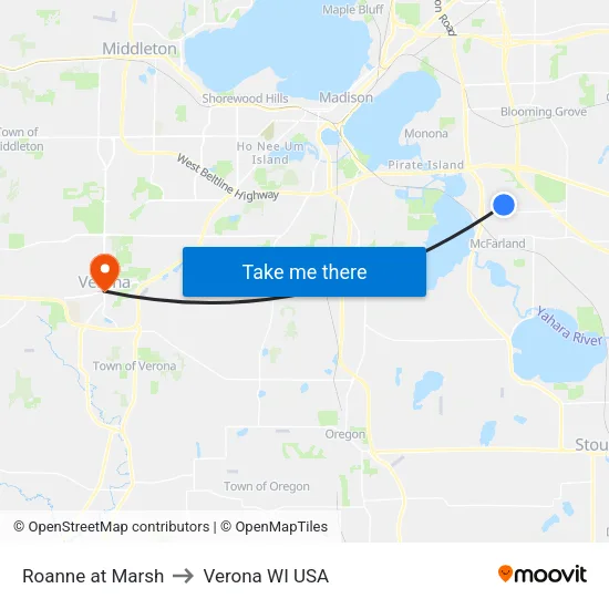 Roanne at Marsh to Verona WI USA map