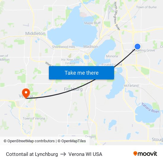 Cottontail at Lynchburg to Verona WI USA map