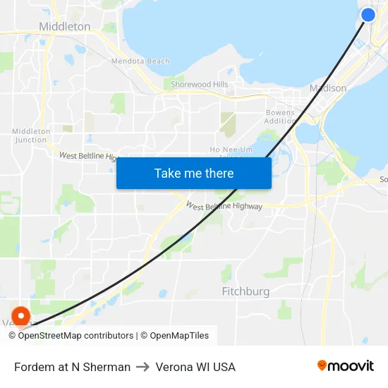 Fordem at N Sherman to Verona WI USA map