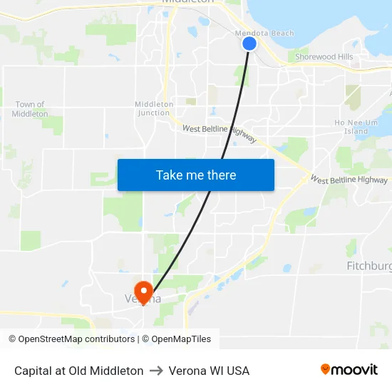 Capital at Old Middleton to Verona WI USA map