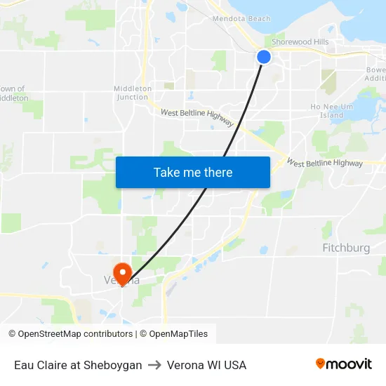 Eau Claire at Sheboygan to Verona WI USA map