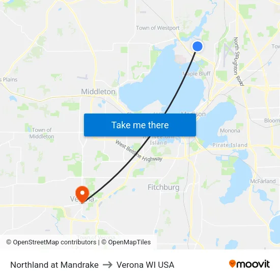 Northland at Mandrake to Verona WI USA map