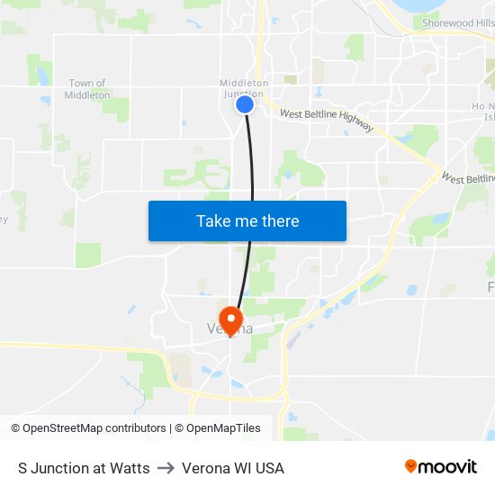 S Junction at Watts to Verona WI USA map