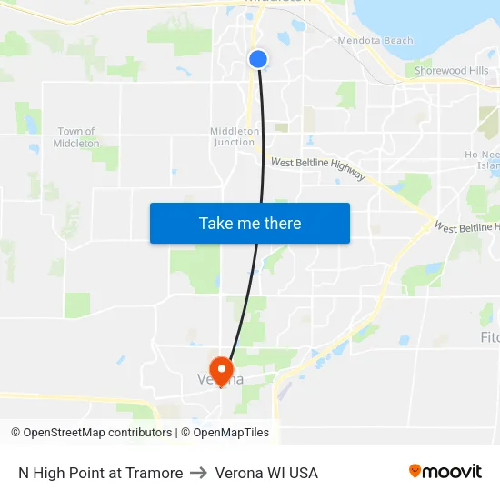 N High Point at Tramore to Verona WI USA map