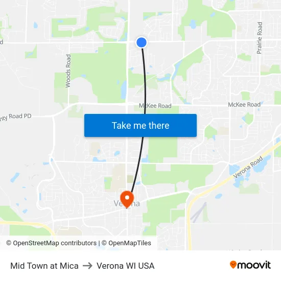 Mid Town at Mica to Verona WI USA map