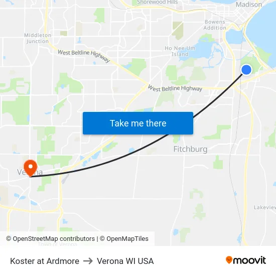 Koster at Ardmore to Verona WI USA map