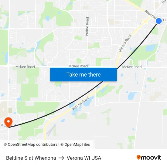 Beltline S at Whenona to Verona WI USA map