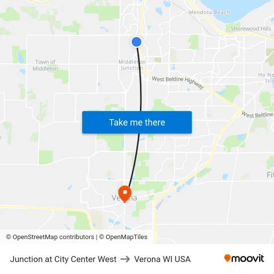 Junction at City Center West to Verona WI USA map