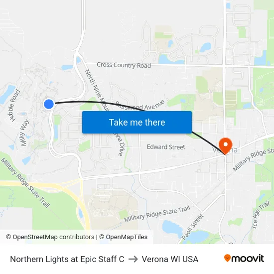 Northern Lights at Epic Staff C to Verona WI USA map