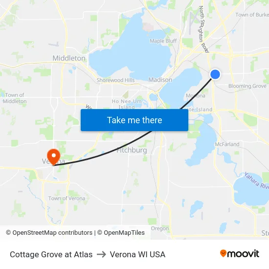 Cottage Grove at Atlas to Verona WI USA map