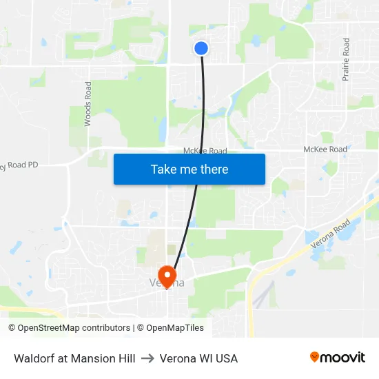 Waldorf at Mansion Hill to Verona WI USA map