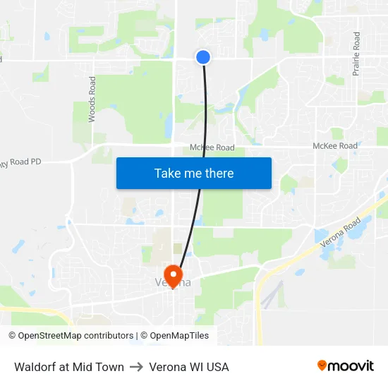 Waldorf at Mid Town to Verona WI USA map