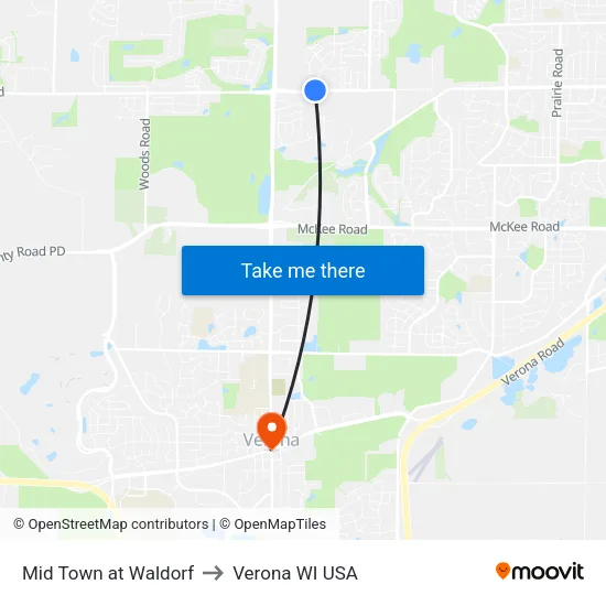 Mid Town at Waldorf to Verona WI USA map