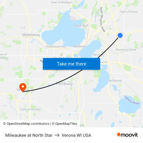 Milwaukee at North Star to Verona WI USA map