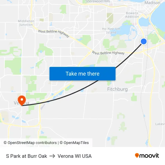 S Park at Burr Oak to Verona WI USA map