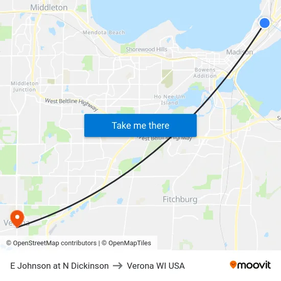 E Johnson at N Dickinson to Verona WI USA map