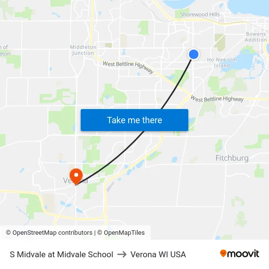 S Midvale at Midvale School to Verona WI USA map