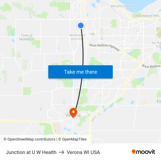 Junction at U W Health to Verona WI USA map